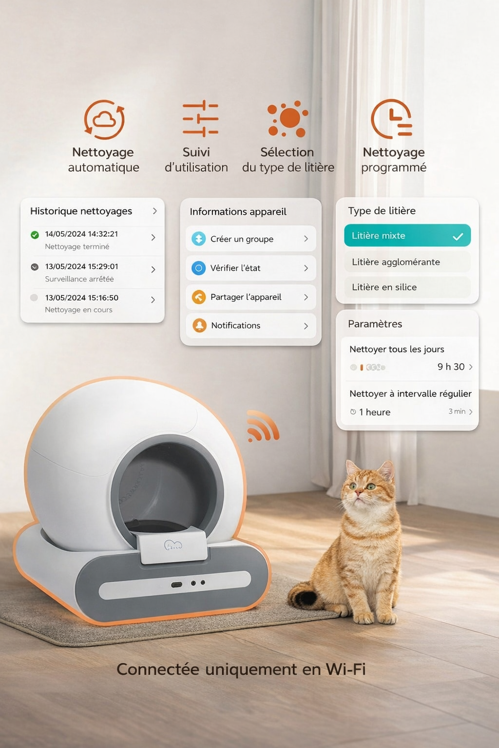 Litière connectée avec suivi santé du chat via app