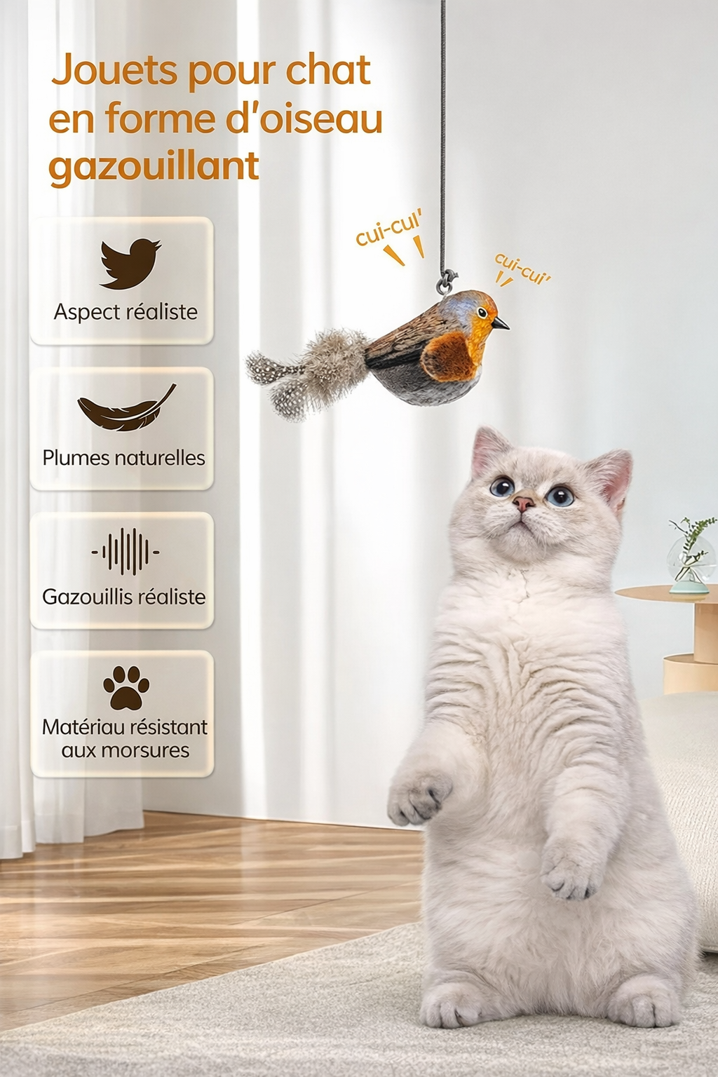 Jouet pour chat en forme d'oiseau qui gazouille 