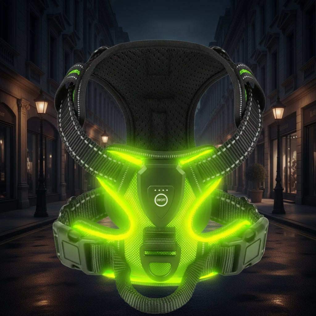 Harnais LED vert lumineux rechargeable pour chien
