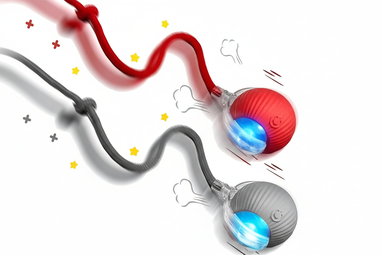 Balle rouge et grise avec queue