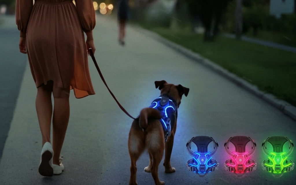 Promenade de nuit avec harnais LED pour chien