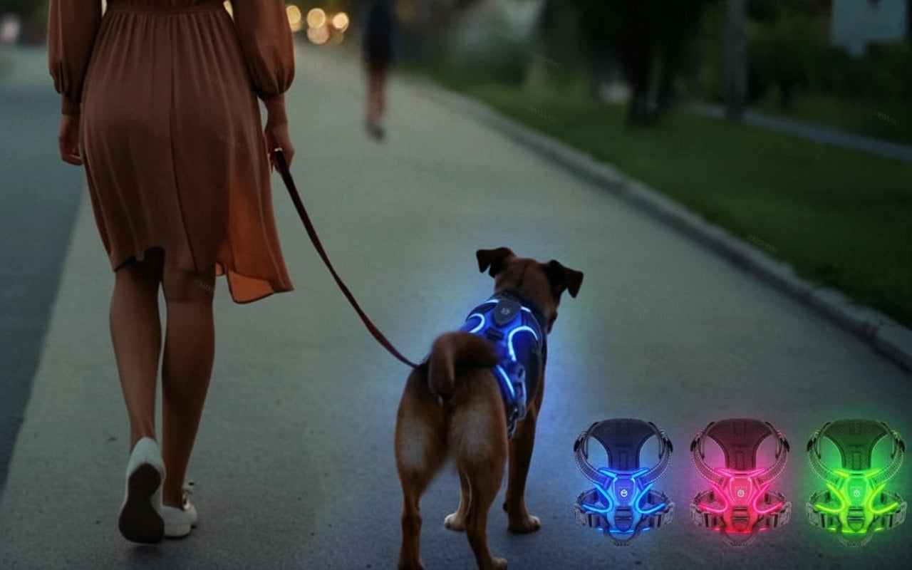 Promenade de nuit avec harnais LED pour chien
