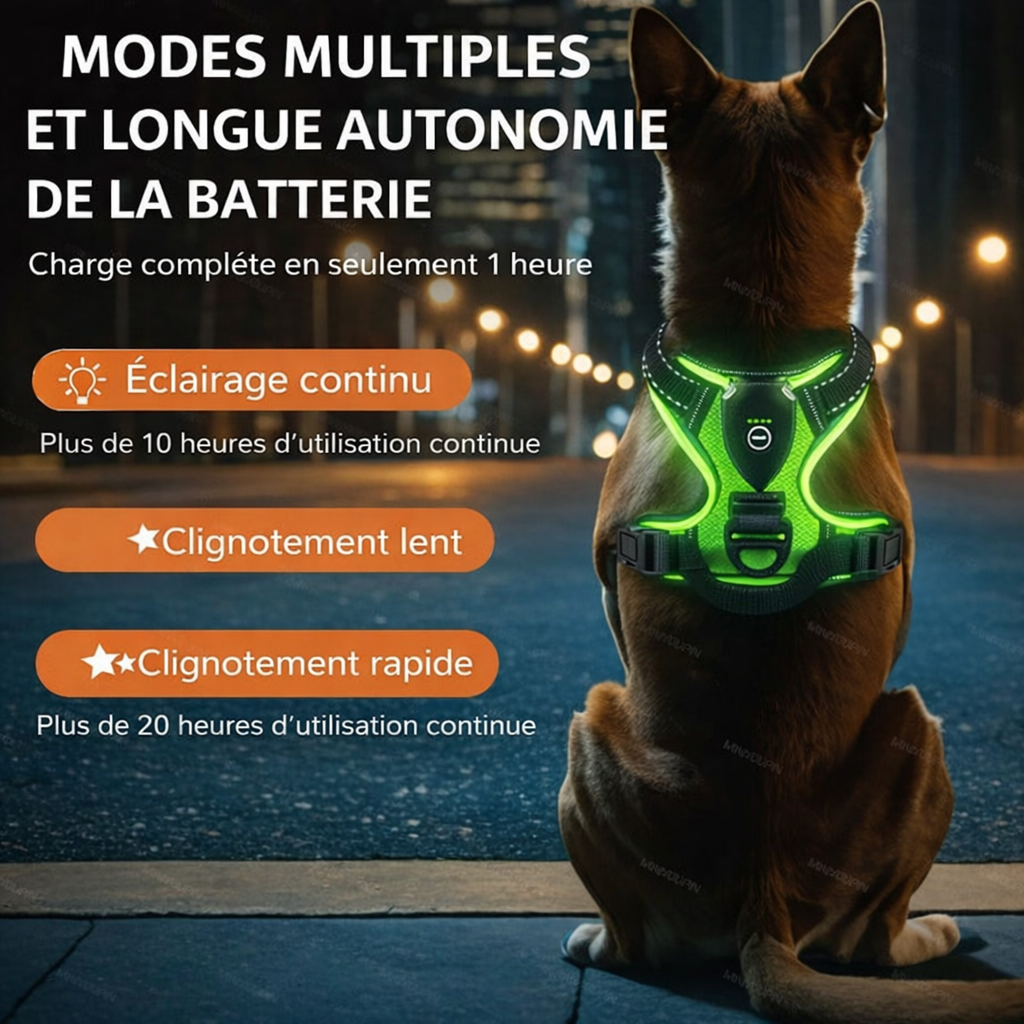 Chien portant un harnais LED visible de loin